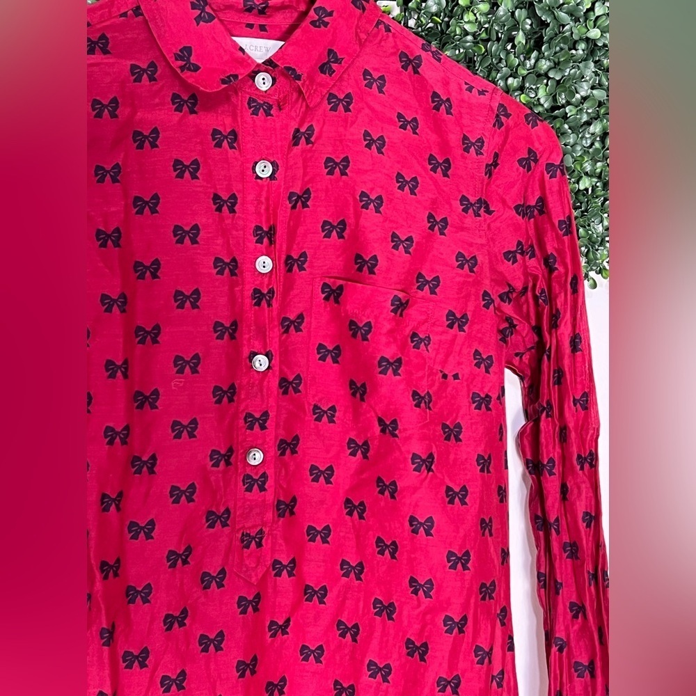 J. Crew Silk Cotton Popover in Bows Professional Holiday Red Top Blouse Size 2 - Picture 2 of 10